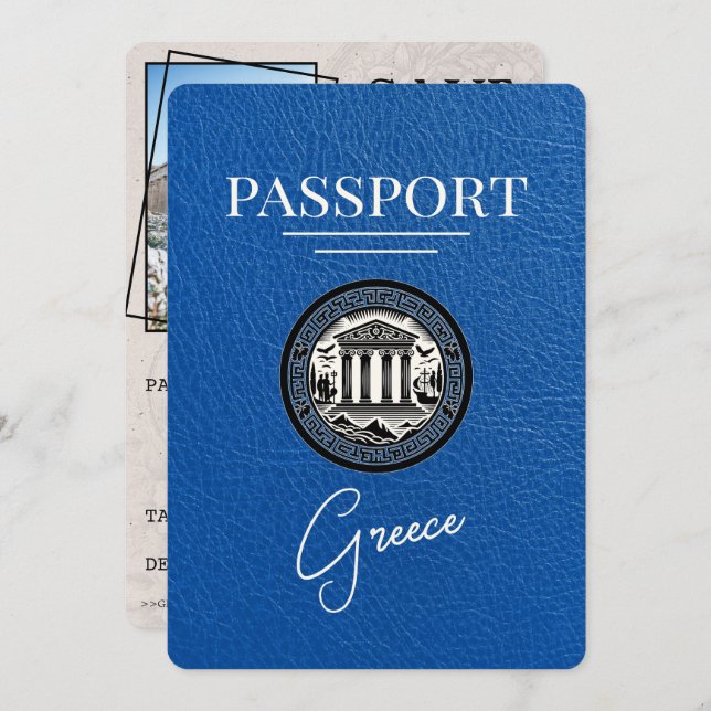 Royal Blue Greece Passport Save the Date Card (Front/Back)