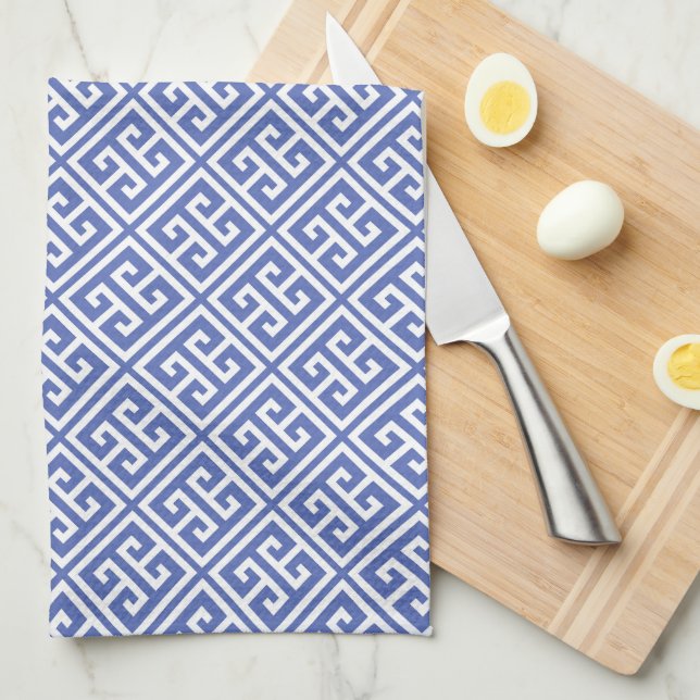 Royal Blue Greek Key Pattern Tea Towel (Quarter Fold)