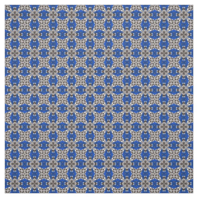 Royal Blue Grey and White Repeat Tile Pattern Fabric (Swatch)