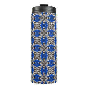 Royal Blue Grey and White Repeat Tile Pattern Thermal Tumbler