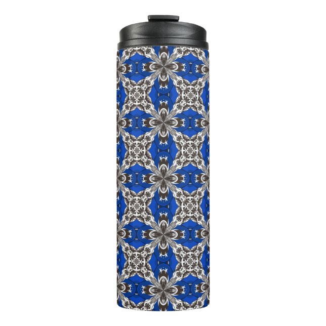 Royal Blue Grey and White Repeat Tile Pattern Thermal Tumbler (Front)