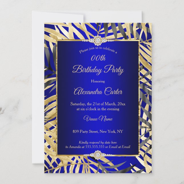 Royal Blue Grey Gold Palms Diamond Birthday Party Invitation (Front)