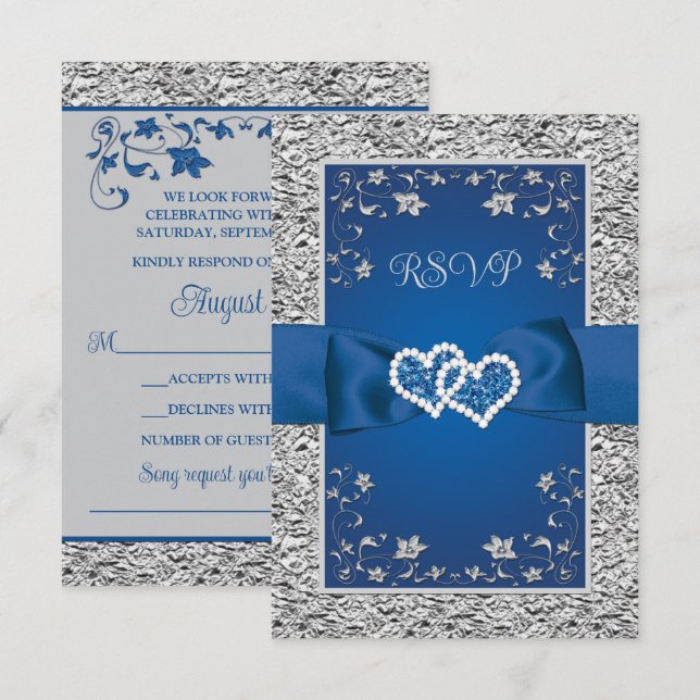 Royal Blue, Grey Love Hearts (SMALL) Wedding RSVP Card (Front/Back)