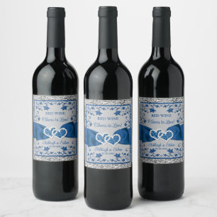 Royal Blue, Grey Love Hearts Wedding Beverage 2 Wine Label