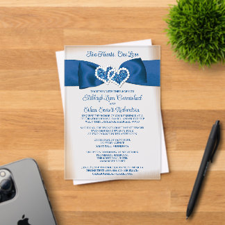Royal Blue, Grey Love Hearts Wedding Invitation