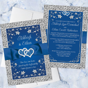 Royal Blue, Grey Love Hearts Wedding Invitation
