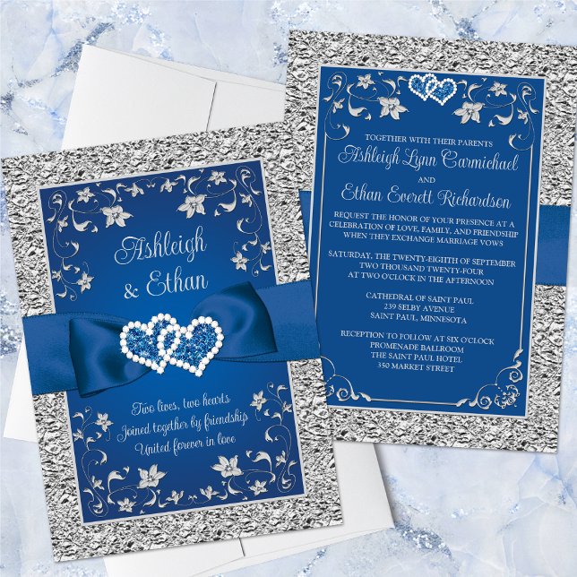 Royal Blue, Grey Love Hearts Wedding Invitation (Romantic Royal Blue and Silver Grey Wedding Invitation with Ribbon, Bow, Joined Hearts (PRINTED ON).)
