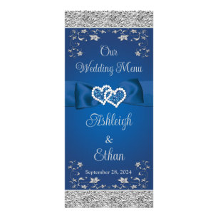 Royal Blue, Grey Love Hearts Wedding Menu