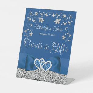 Royal Blue, Grey Love Hearts Wedding Pedestal Sign