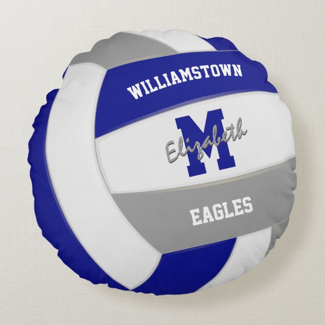royal blue grey team colours girls volleyball  round cushion (Front)