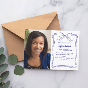 Royal blue hand-drawn bow photo birthday invitation