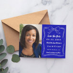 Royal blue hand-drawn bow photo birthday save the date<br><div class="desc">A photo Save the date for a 40th (or any age) birthday
On front: Add a vertical size photo. A royal blue background colour,  decorated with a white hand-drawn bow and frame. Personalise and add a name and details.</div>