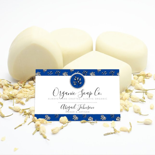 Royal Blue Hand-Drawn Roses and Leaves Artisan Business Card (Creator Uploaded)