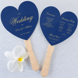 Royal Blue Heart  Golden Script Wedding Program Hand Fan