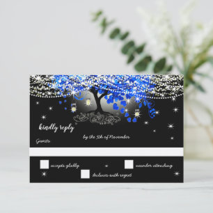 Royal Blue Heart Leaf Tree on Black Wedding RSVP Card
