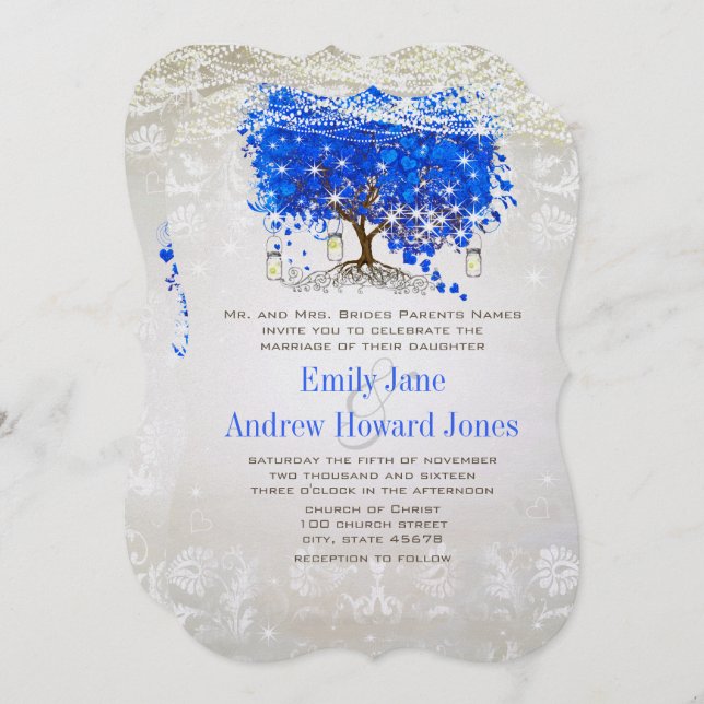 Royal Blue Heart Leaf Tree Wedding Fairytale Invitation (Front/Back)
