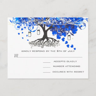 Royal Blue Heart Leaf Tree Wedding Invitation Postcard