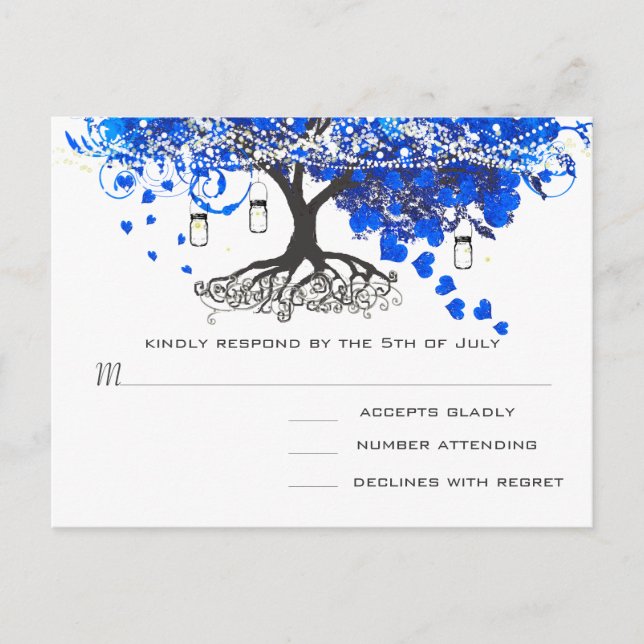 Royal Blue Heart Leaf Tree Wedding Invitation Postcard (Front)