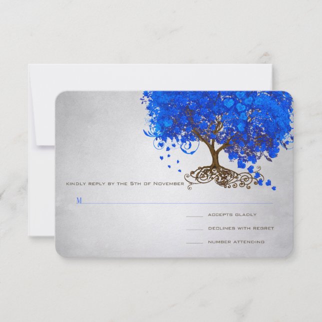 Royal Blue Heart Leaf Tree Wedding Invites (Front)