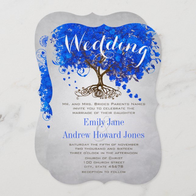 Royal Blue Heart Leaf Tree Wedding Invites (Front/Back)