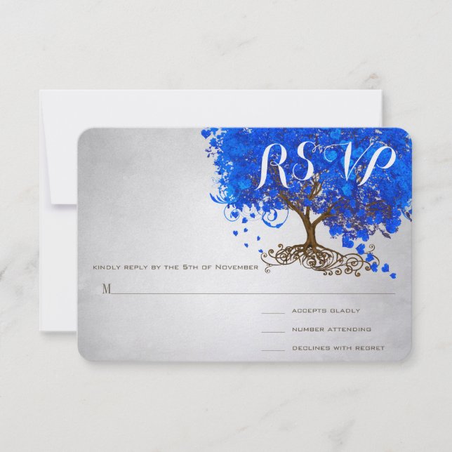 Royal Blue Heart Leaf Tree Wedding Invites (Front)