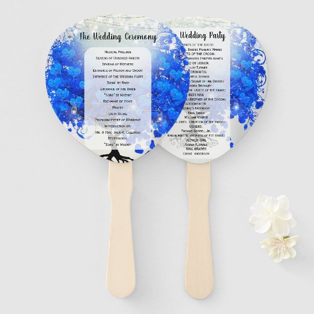Royal Blue Heart Leaf Tree Wedding Program Fan (Front and Back)