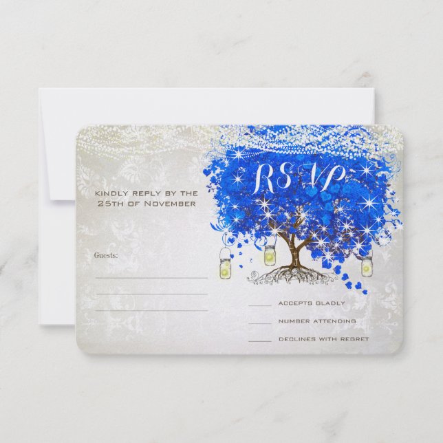 Royal Blue Heart Leaf Tree Wedding RSVP Card (Front)