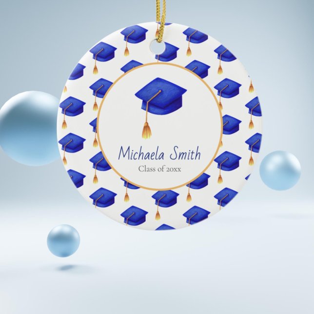 Royal Blue High School Graduation Christmas Ceramic Tree Decoration (Royal blue graduation cap class off christmas keepsake ornament)