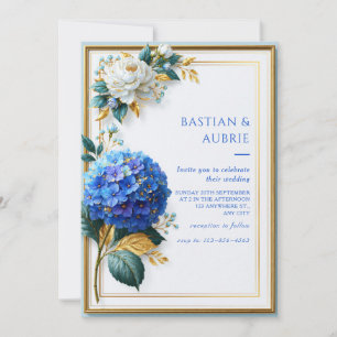 Royal Blue Hydrangea Gilded Frame Wedding Invitation