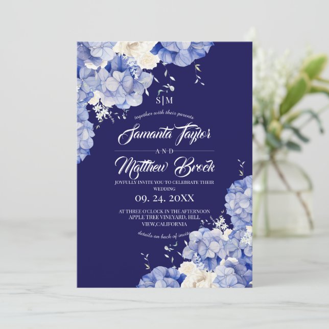 Royal Blue Hydrangea Wedding Invitation (Standing Front)