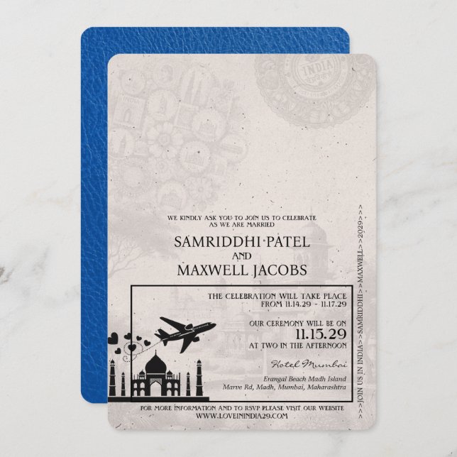 Royal Blue India Passport Wedding Invitation (Front/Back)