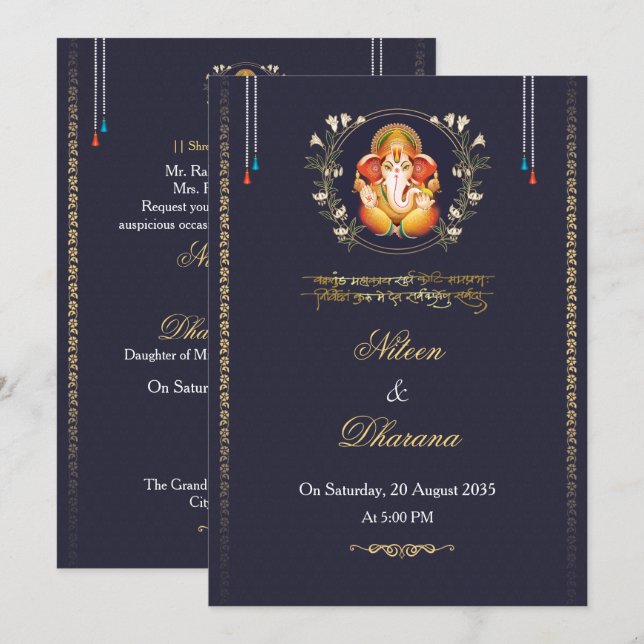 Royal blue indian wedding invitation (Front/Back)