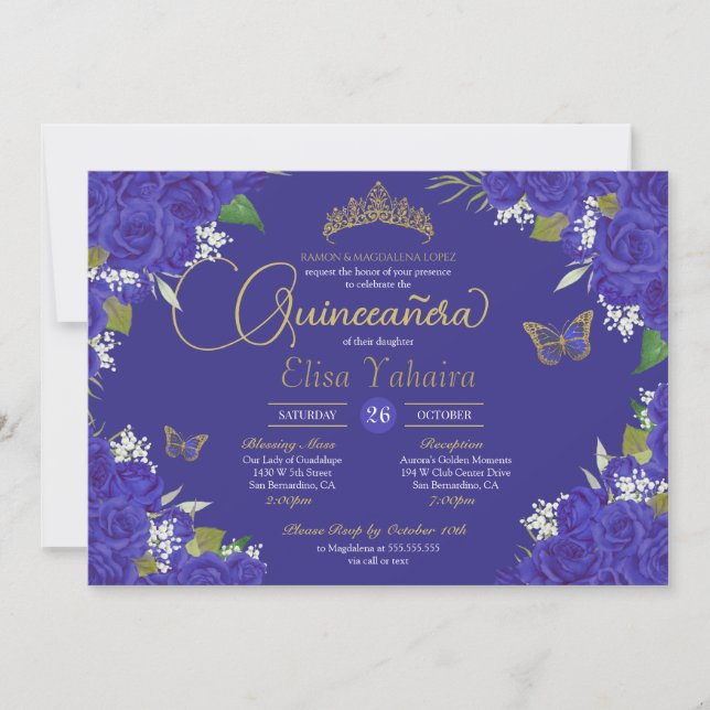 Royal Blue Indigo Rose Tiara Butterfly Quinceanera Invitation (Front)