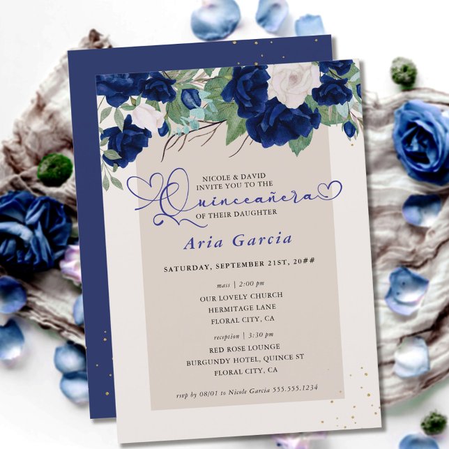 Royal Blue Ivory Floral Roses Quinceanera and Mass Invitation (Creator Uploaded)