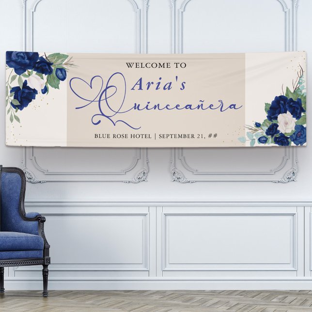 Royal Blue Ivory Floral Roses Quinceanera Welcome Banner (Quinceanera welcome banner with sweet calligraphy and royal navy blue rose blooms)
