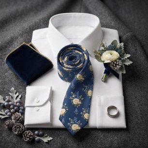 Royal Blue Ivory Rose Delphinium Chintz Bouquet Tie
