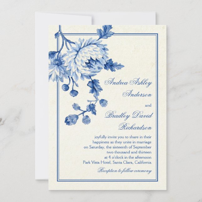 Royal Blue Ivory Toile Floral Wedding Invitation (Front)