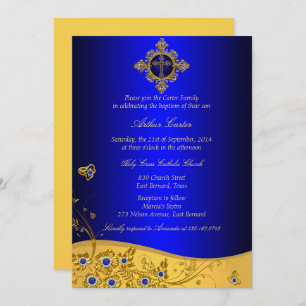 Royal Blue Jewel Floral & Cross Baptism Invitation