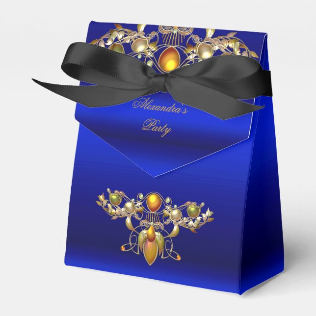 Royal Blue Jewelled Black Gold Party Favour Box (Front Side)