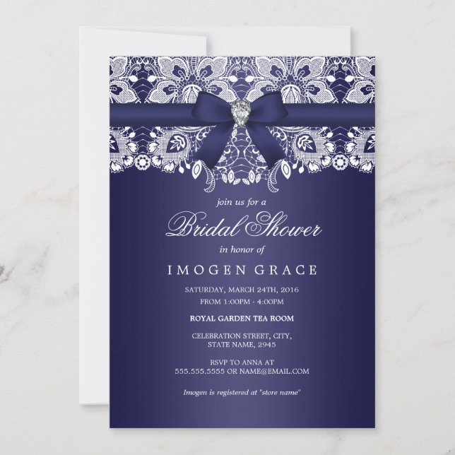 Royal Blue Lace & Bow Bridal Shower Invitation (Front)