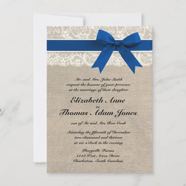 Royal Blue Lace & Burlap Wedding Invite 2 (Front)