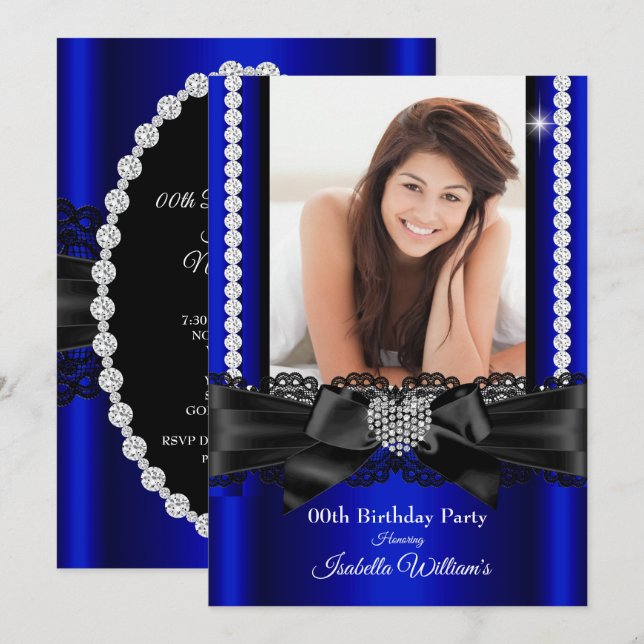 Royal Blue Lace Diamond Heart Photo Birthday Party Invitation (Front/Back)