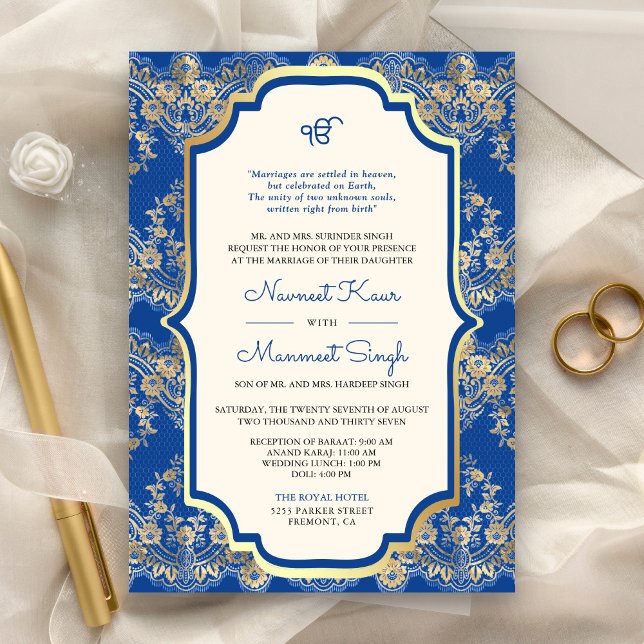Royal Blue Lace QR Code Anand Karaj Sikh Wedding Invitation (Creator Uploaded)