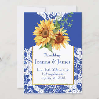 Royal Blue Lace Sunflower Wedding  Invitation