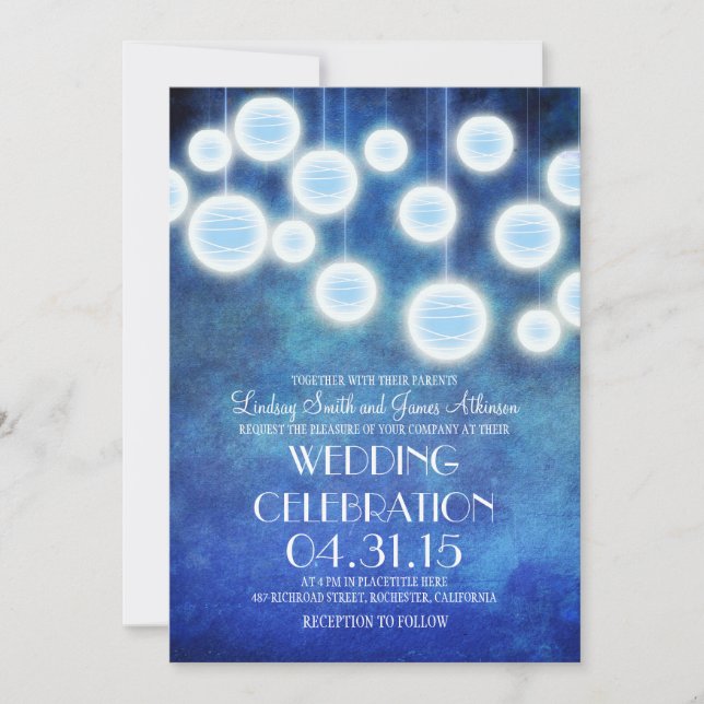 Royal blue lanterns vintage wedding invitation (Front)
