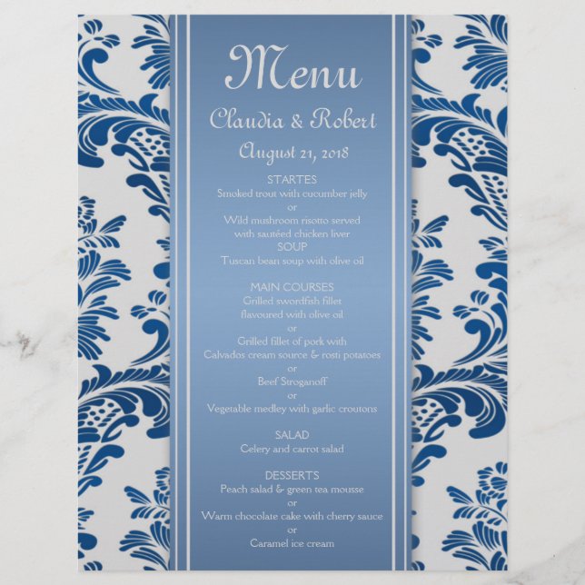 Royal blue leafy damask Wedding Menu Flyer (Front)
