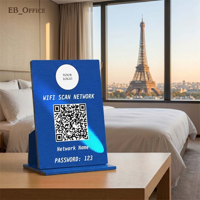 Royal Blue Leather Cyan Spotlight QR Code Wifi Plaque (Luxury QR Code Wi-fi Tabletop Sign
& Logo
•	Blue Leather pattern
•	5” x 7”
)