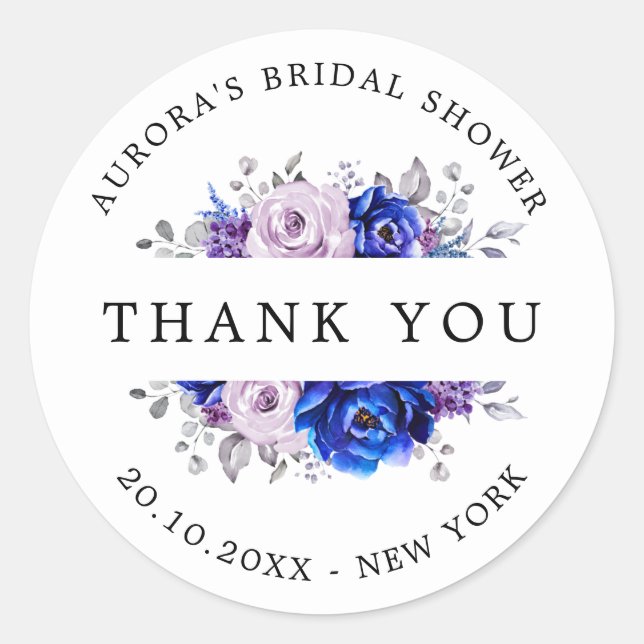 Royal Blue Lilac Purple Bridal Shower Thank You Classic Round Sticker (Front)