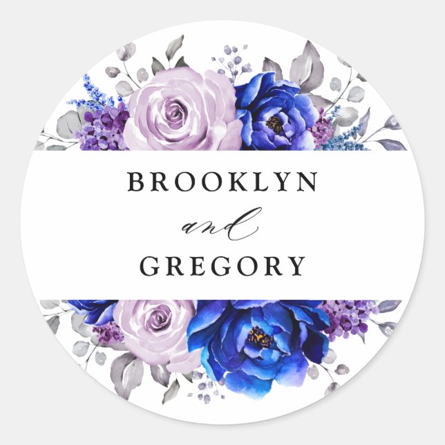 Royal Blue Lilac Purple Floral Envelope Classic Ro Round Sticker (Front)