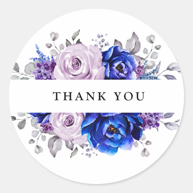 Royal Blue Lilac Purple Floral Thank you Classic Round Sticker (Front)